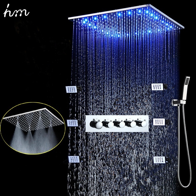 Bathroom LED Rain Shower Faucet Set Rainfall SPA Mist Square Shower head Set Thermostatic Diverter Valve With Massage Body Jets