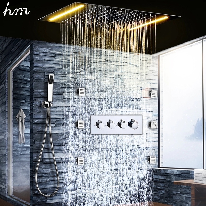 Luxury Rain LED Shower Set 360 x 500MM Embedded Ceiling Shower Faucet 3 Way Body Spray thermostatic Shower mixer