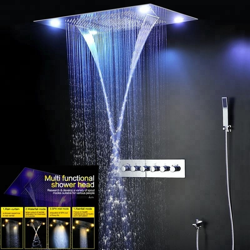 Modern Luxury Shower System Spa Mist Waterfall Bath Thermostatic Faucets Shower Electric Led Recessed Rain Set