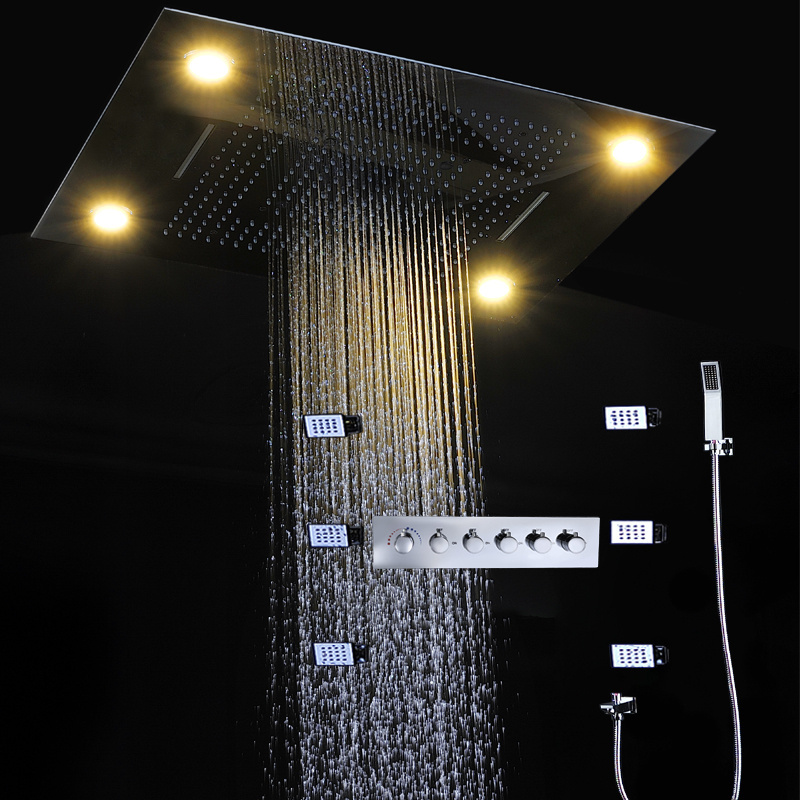 Ceiling Mounted LED Rain Shower Set SUS304 24Inch Waterfall Shower Head Panel Bathroom Thermostatic Faucet With Side Jet System