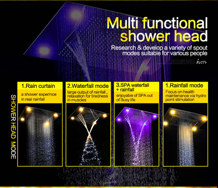 Ceiling Mounted LED Rain Shower Set SUS304 24Inch Waterfall Shower Head Panel Bathroom Thermostatic Faucet With Side Jet System