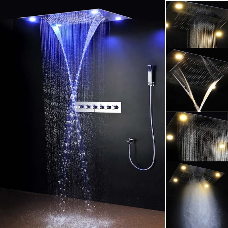 Modern Luxury Shower System Spa Mist Waterfall Bath Thermostatic Faucets Shower Electric Led Recessed Rain Set