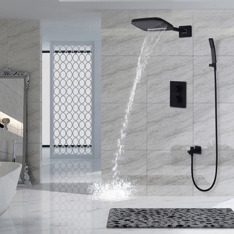 Luxury Thermostatic Shower System Bathroom Rain , Waterfall Showerhead Set / Black Bathtub Shower Faucets