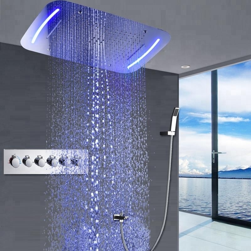 Concealed Rain Shower Set Thermostatic High Flow Multifunction LED Shower Faucets Mist Spray Waterfall Massage Bathroom Fixture