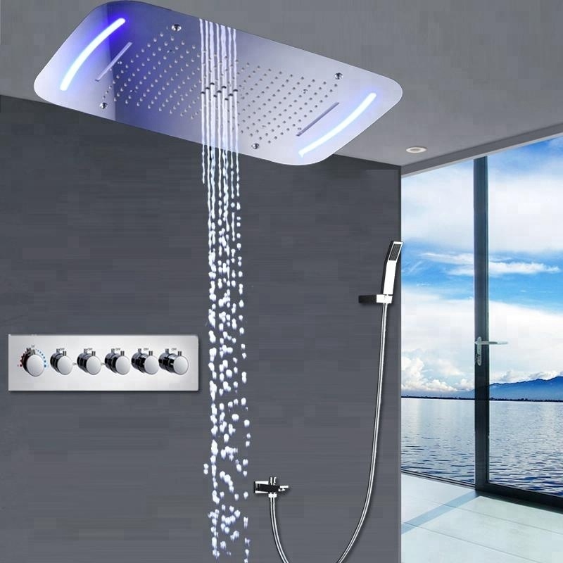 Concealed Rain Shower Set Thermostatic High Flow Multifunction LED Shower Faucets Mist Spray Waterfall Massage Bathroom Fixture