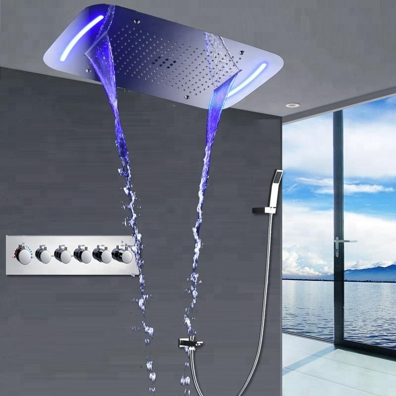 Concealed Rain Shower Set Thermostatic High Flow Multifunction LED Shower Faucets Mist Spray Waterfall Massage Bathroom Fixture