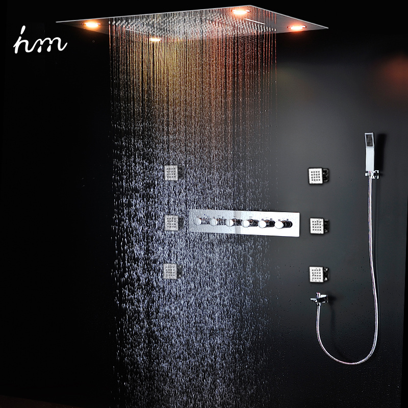 Bathroom Thermostatic Faucets Luxury LED Colorful Lights Sanitary Ware Stainless Steel Ceiling Rainfall Shower Set with body jet