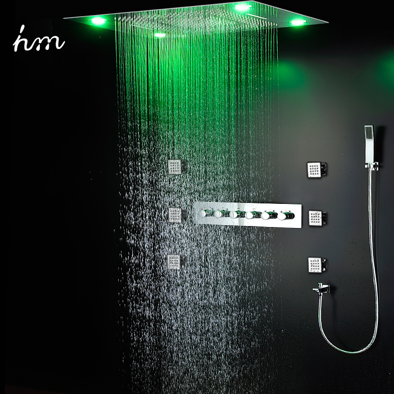 Bathroom Thermostatic Faucets Luxury LED Colorful Lights Sanitary Ware Stainless Steel Ceiling Rainfall Shower Set with body jet