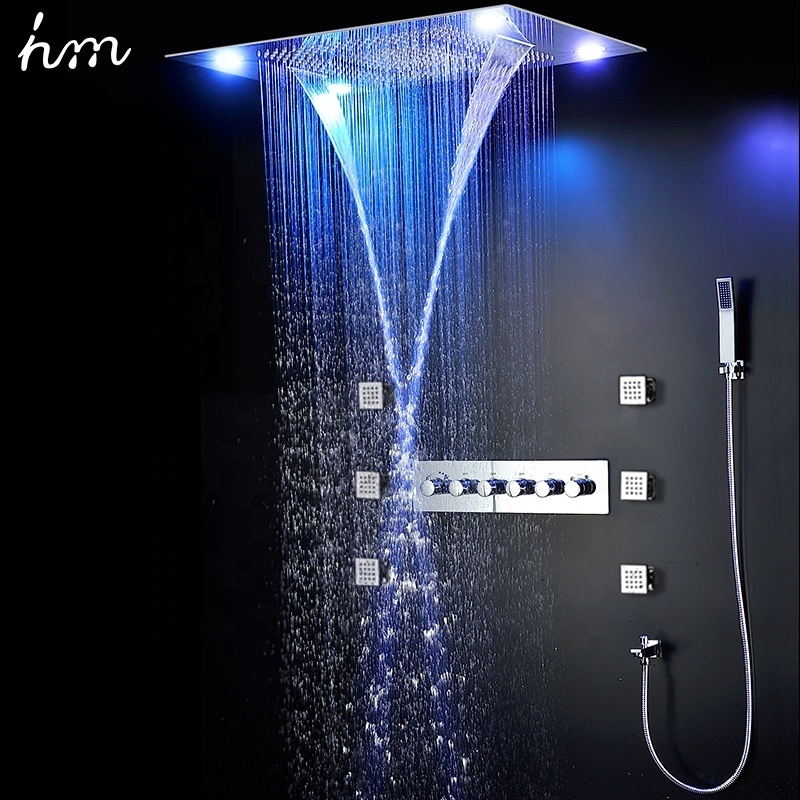 Bathroom Thermostatic Faucets Luxury LED Colorful Lights Sanitary Ware Stainless Steel Ceiling Rainfall Shower Set with body jet