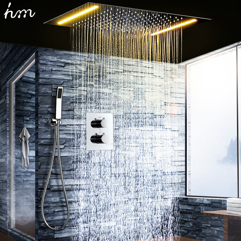 Bathroom LED Shower Faucet Kit 304 Stainless Steel Mirror Finished Rainfall Rain Shower Head Set With Thermostatic mixer Valve