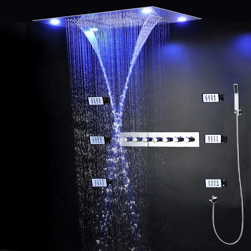 Luxury Bathroom Rainfall Shower Heads Ceiling Waterfall SPA mist LED Shower panel 6 Ways Thermostatic  Shower Diverter Faucets