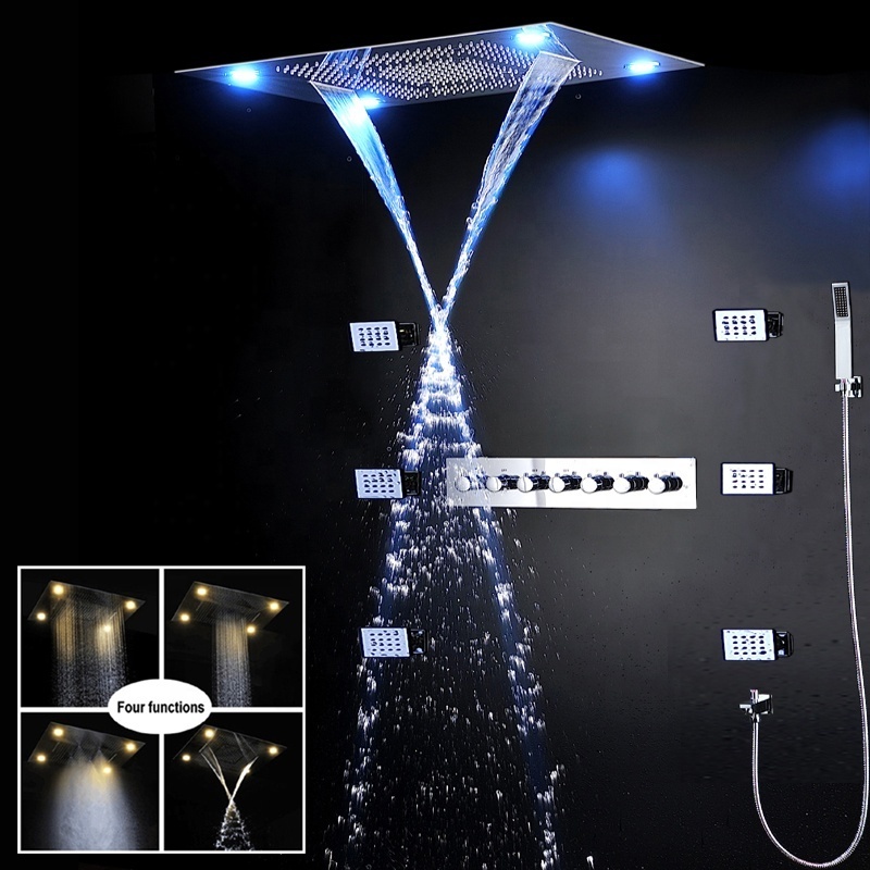 Luxury Bathroom Rainfall Shower Heads Ceiling Waterfall SPA mist LED Shower panel 6 Ways Thermostatic  Shower Diverter Faucets