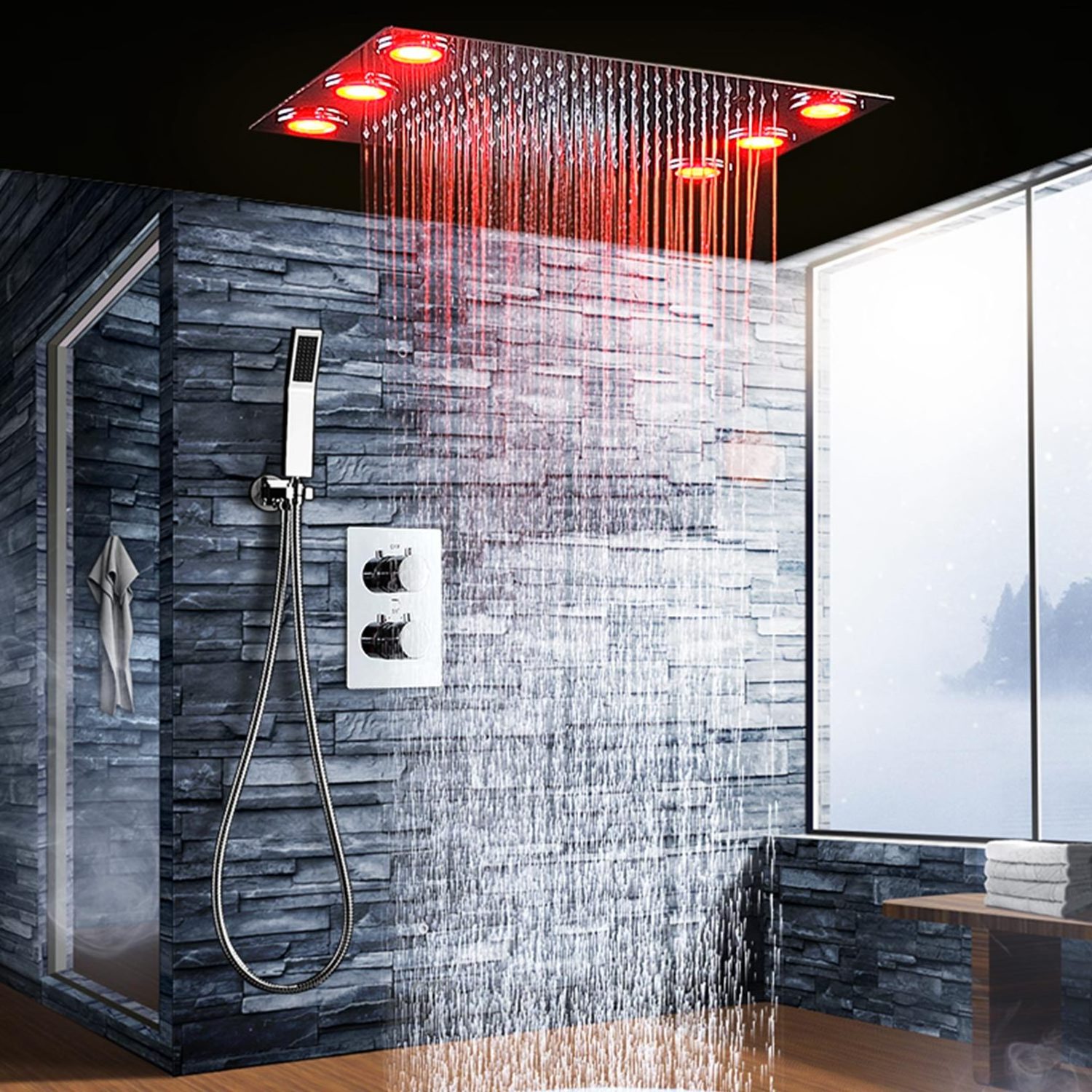 Rain Shower System remote control multicolor change LED Thermostatic Diverter Valve