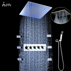 Bathroom LED Rain Shower Faucet Set Rainfall SPA Mist Square Shower head Set Thermostatic Diverter Valve With Massage Body Jets