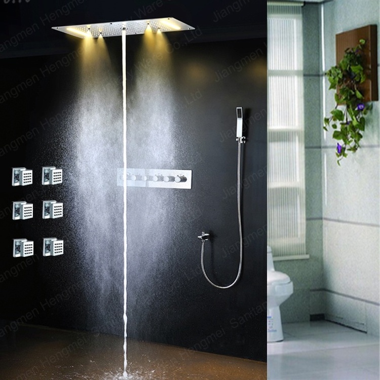 Bathroom Ceiling Led Thermostatic Shower Faucets Set Rainfall Waterfall Multi Function Shower Head With 5 Way Shower Diverter