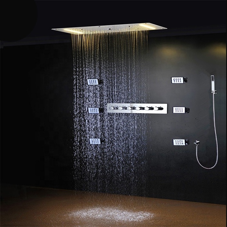 Bathroom Ceiling Led Thermostatic Shower Faucets Set Rainfall Waterfall Multi Function Shower Head With 5 Way Shower Diverter