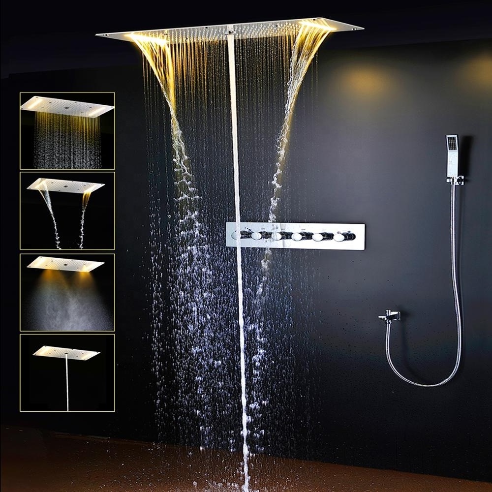 Bath Shower Set Large Size LED Rainfall Waterfall Mist Dust Shower Panel Thermostatic Valve Shower Panel Faucet