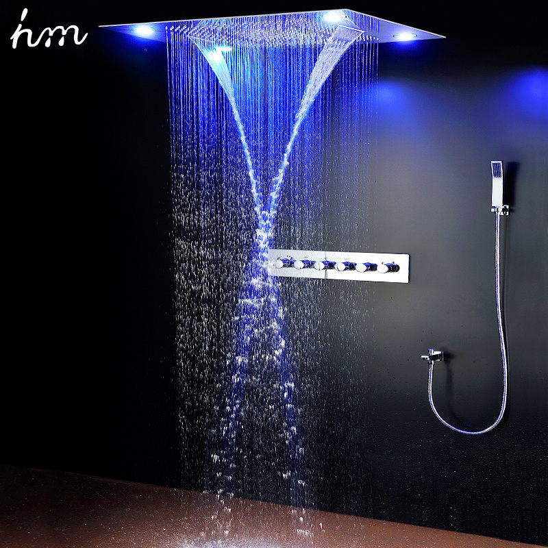 hm Bathroom Thermostatic SPA Mist Waterfall Rain Multi Function Led Recessed Shower Head Faucets Set with Hand Shower