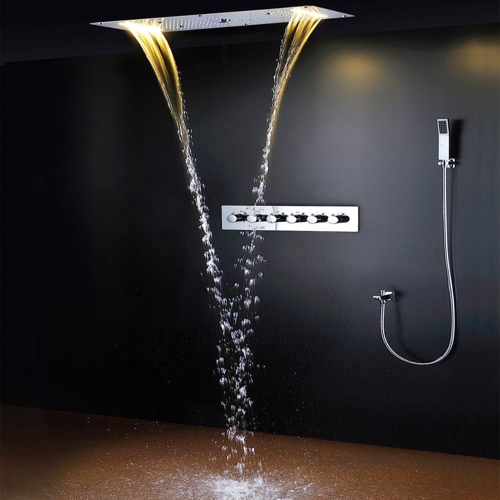 Bath Shower Set Large Size LED Rainfall Waterfall Mist Dust Shower Panel Thermostatic Valve Shower Panel Faucet