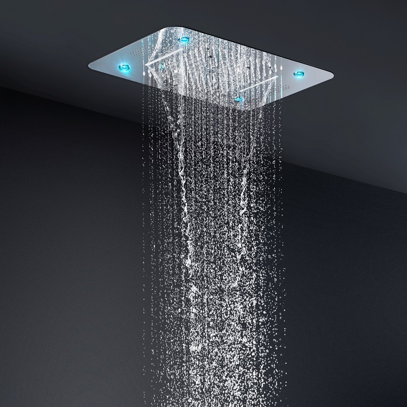 Modern 5 Functions Rainfall Showerhead LED Ceiling Mounted Bath Shower Faucet System Thermostatic Bathroom Shower Set