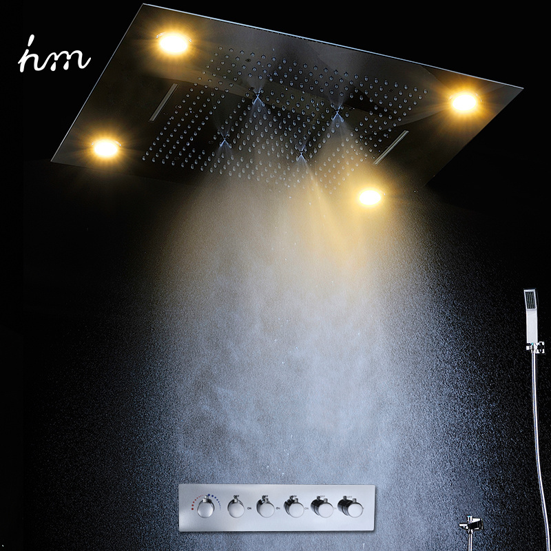 hm Bathroom Thermostatic SPA Mist Waterfall Rain Multi Function Led Recessed Shower Head Faucets Set with Hand Shower