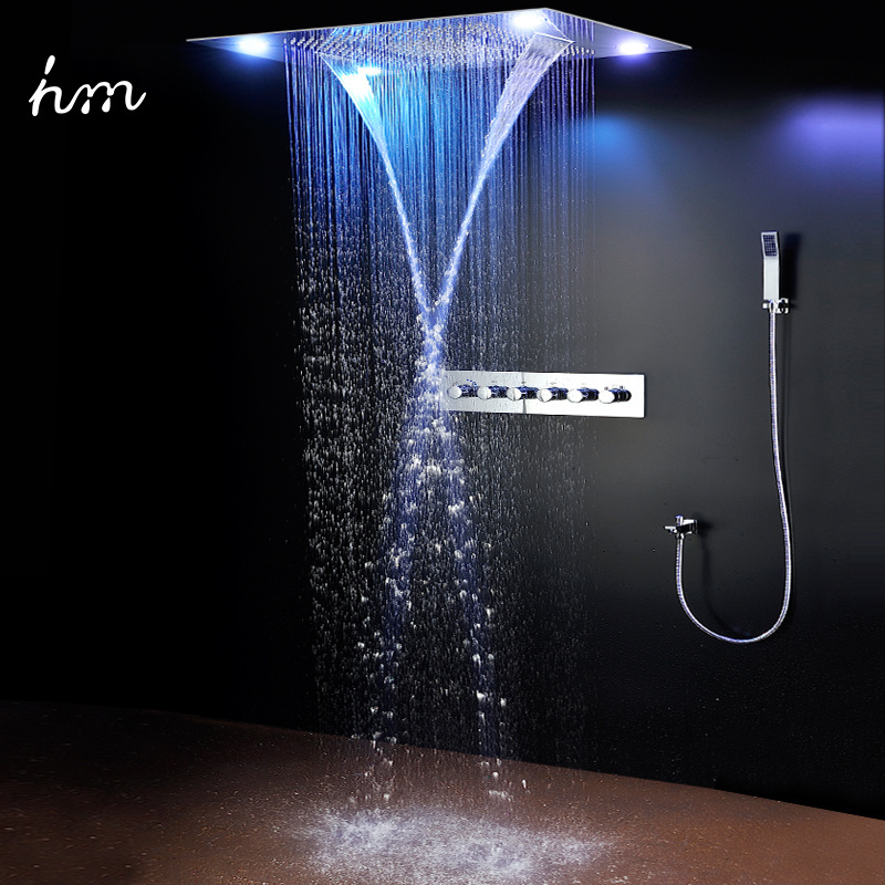 hm Bathroom Thermostatic SPA Mist Waterfall Rain Multi Function Led Recessed Shower Head Faucets Set with Hand Shower