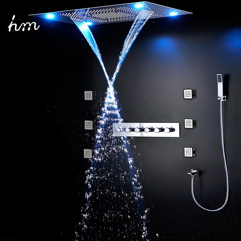 Luxury ceiling rain led shower kits 4 function multi color remote control shower panel wall body jets massage shower system