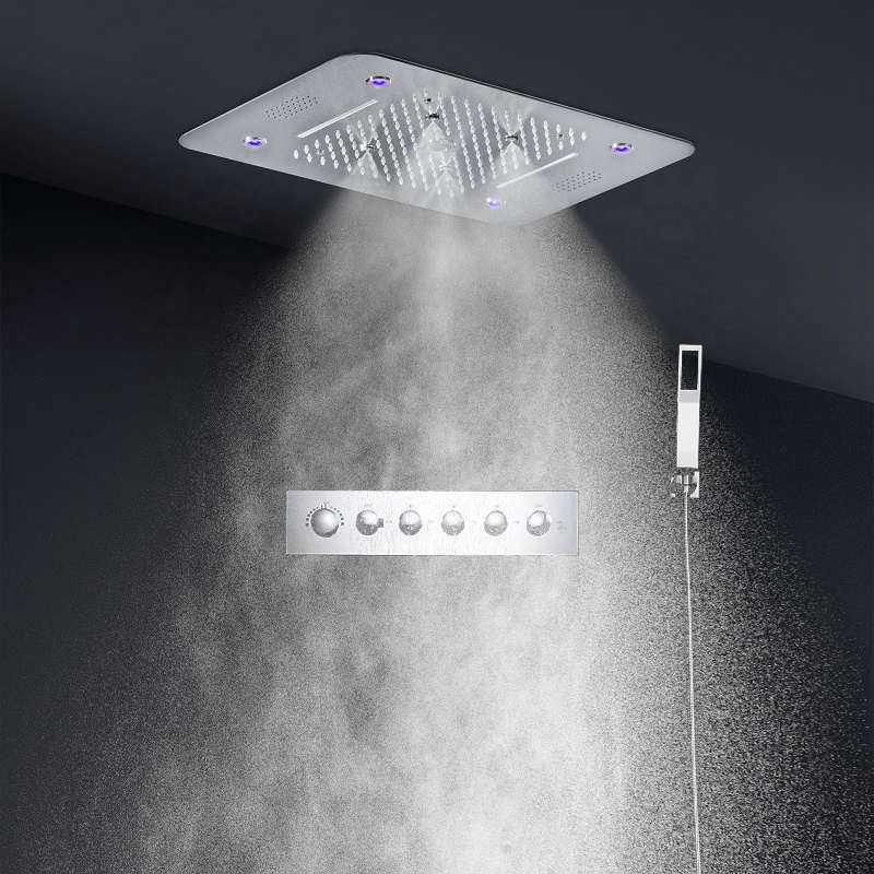 Modern 5 Functions Rainfall Showerhead LED Ceiling Mounted Bath Shower Faucet System Thermostatic Bathroom Shower Set