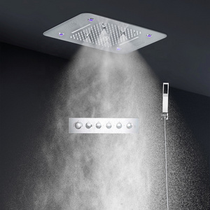 Modern 5 Functions Rainfall Showerhead LED Ceiling Mounted Bath Shower Faucet System Thermostatic Bathroom Shower Set