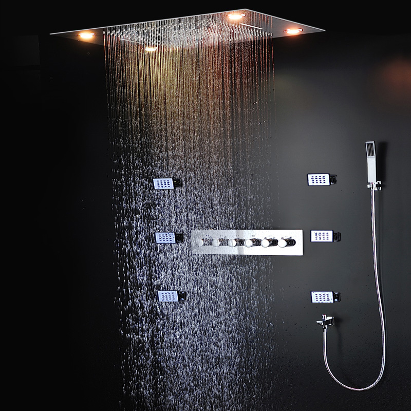 Ceiling Mounted LED Rain Shower Set SUS304 24Inch Waterfall Shower Head Panel Bathroom Thermostatic Faucet With Side Jet System