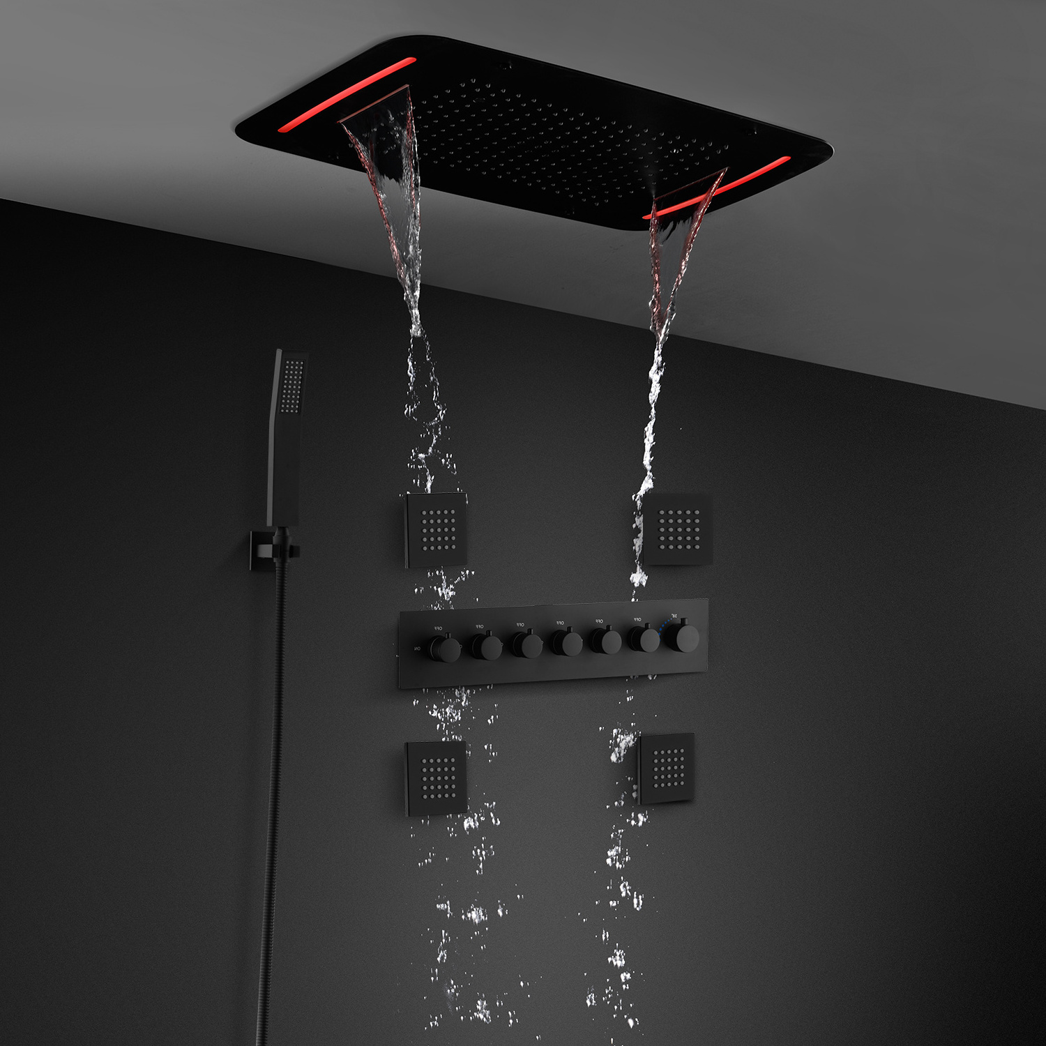 Modern bathroom 6 function smart shower head rainfall waterfall led shower set with body spray jets