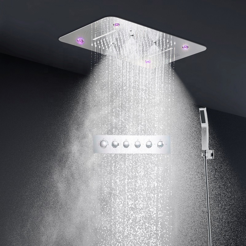 Modern 5 Functions Rainfall Showerhead LED Ceiling Mounted Bath Shower Faucet System Thermostatic Bathroom Shower Set