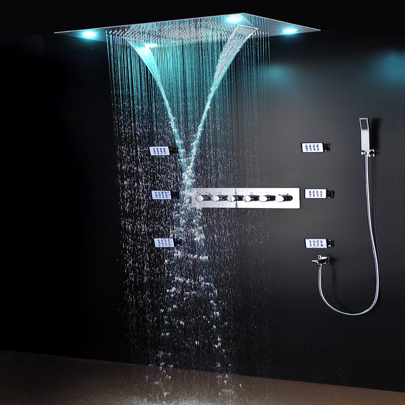 Ceiling Mounted LED Rain Shower Set SUS304 24Inch Waterfall Shower Head Panel Bathroom Thermostatic Faucet With Side Jet System