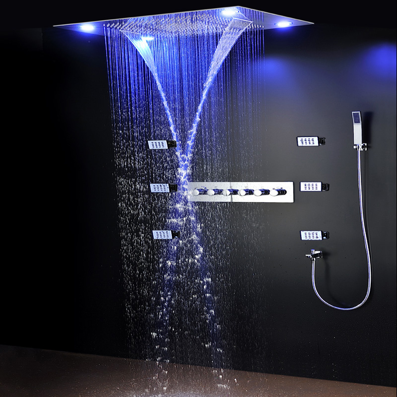 Ceiling Mounted LED Rain Shower Set SUS304 24Inch Waterfall Shower Head Panel Bathroom Thermostatic Faucet With Side Jet System