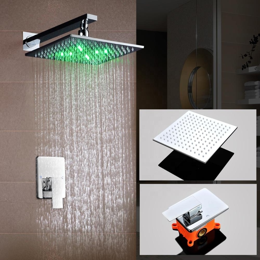 Bathroom Accessories Shower Kit 10 Inch Squate Rainfall LED Shower Head Faucet Hot And Cold Valve With Embedded Box