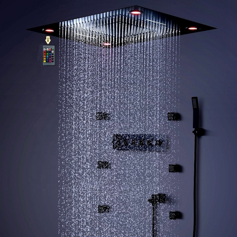 Luxury Black Electricity 600x800MM Shower Panel System Remote control Light  Brass Shower Jets Thermostatic Mixer