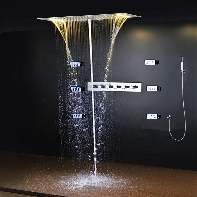 Bathroom Ceiling Led Thermostatic Shower Faucets Set Rainfall Waterfall Multi Function Shower Head With 5 Way Shower Diverter