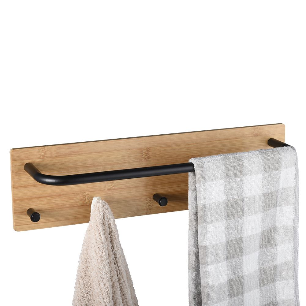 Wooden wall bathroom mounted towel rack holder with hanging hook