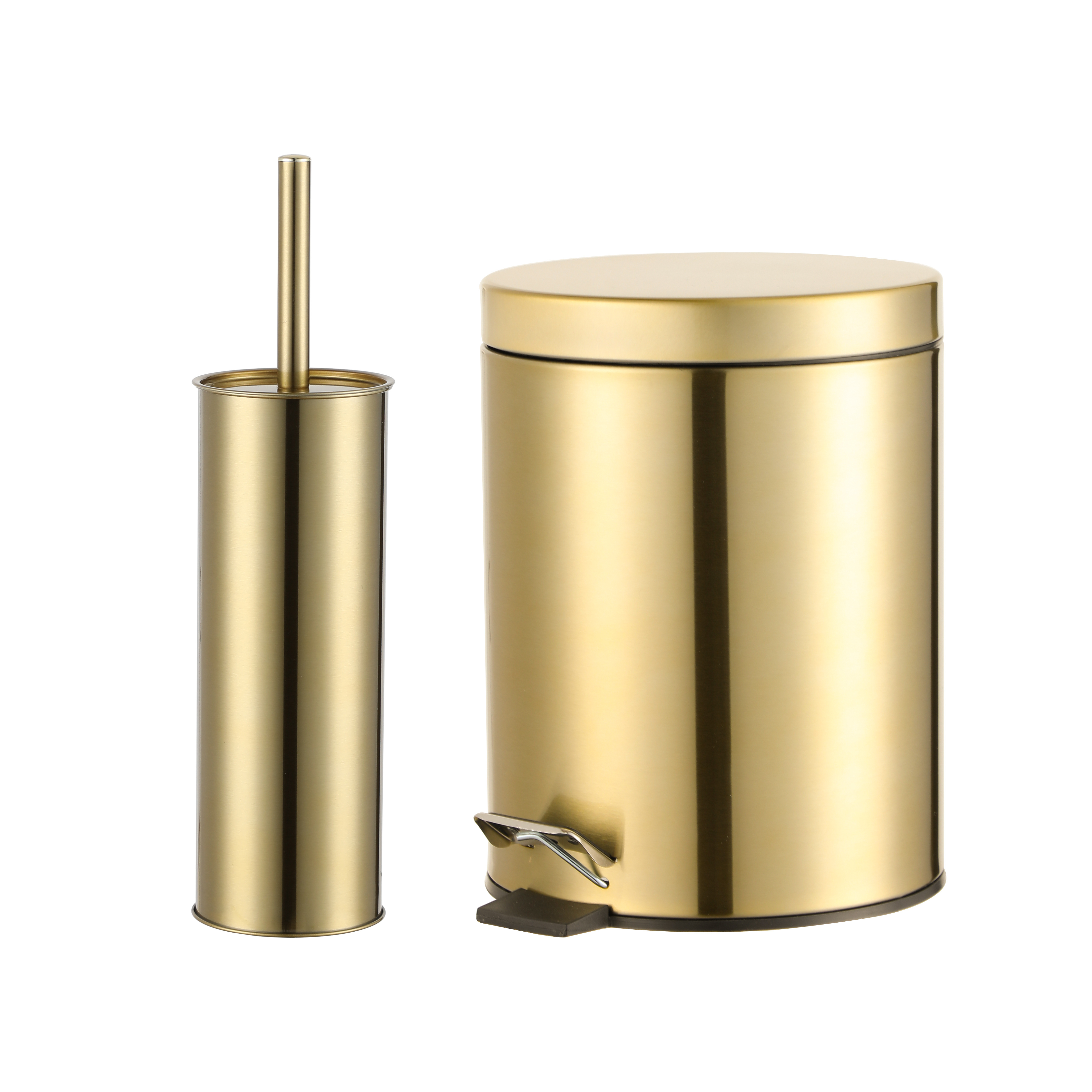 Bathroom stainless steel dustbin and toilet brush set metal trash can golden