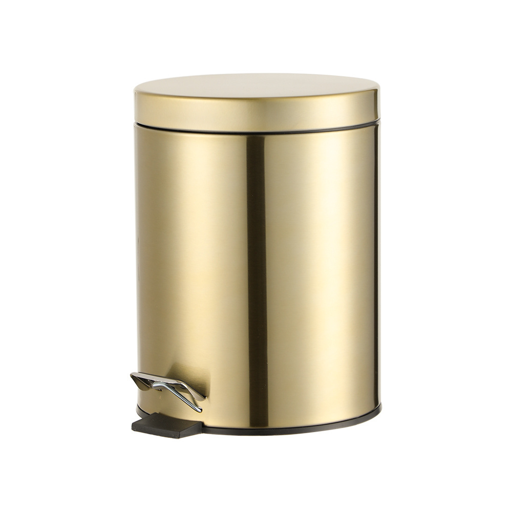 Bathroom stainless steel dustbin and toilet brush set metal trash can golden