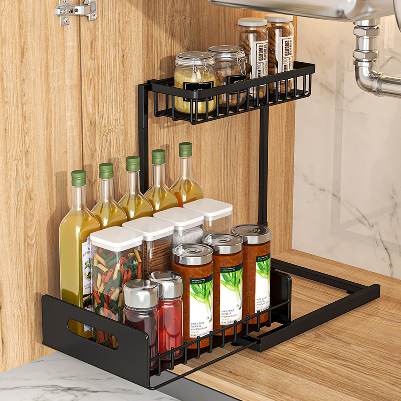 Multi-Functional Under Sink Organizer Sturdy Metal Pull Out Kitchen Cabinet Organizer with Sliding Drawer