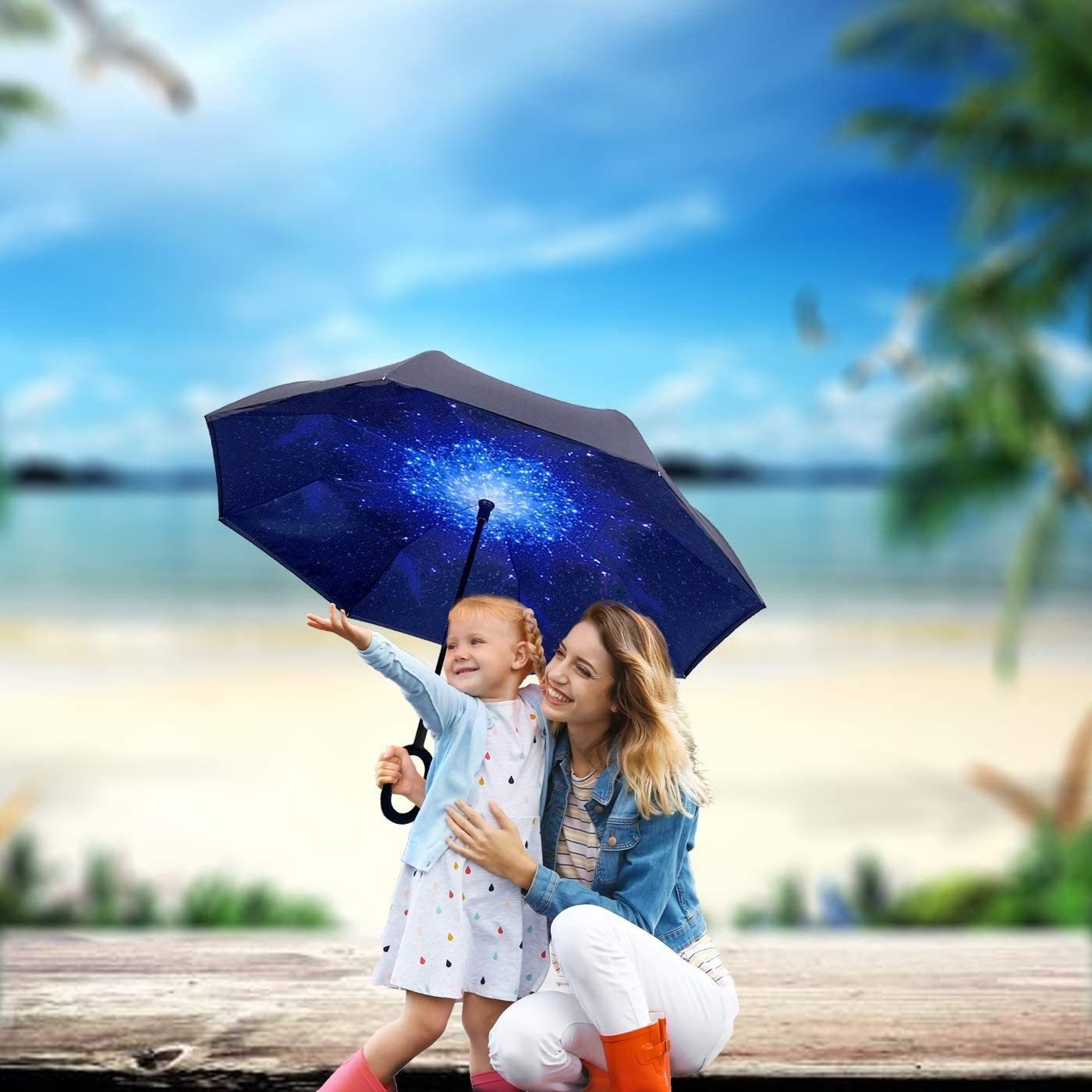 Inverted Reverse Upside Down Umbrella with C-Shaped Handle, Anti-UV Waterproof Windproof Rain Umbrella for Women and Men.