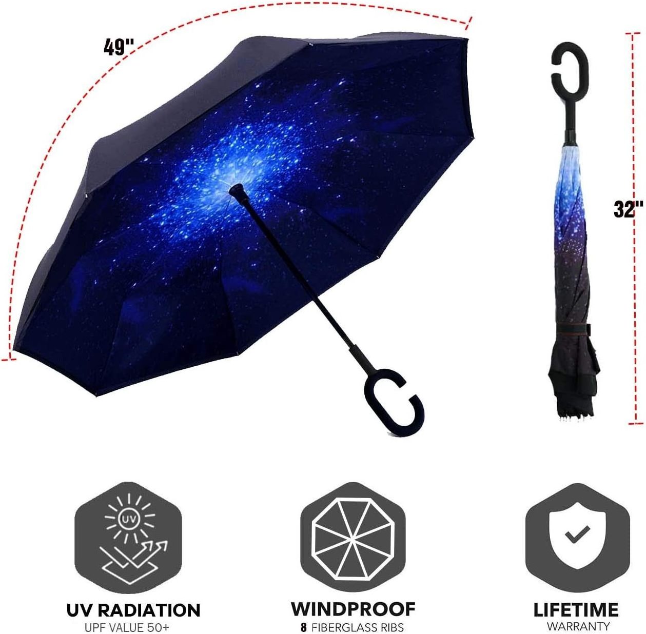 Inverted Reverse Upside Down Umbrella with C-Shaped Handle, Anti-UV Waterproof Windproof Rain Umbrella for Women and Men.