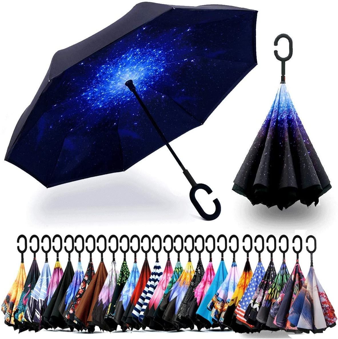 Inverted Reverse Upside Down Umbrella with C-Shaped Handle, Anti-UV Waterproof Windproof Rain Umbrella for Women and Men.