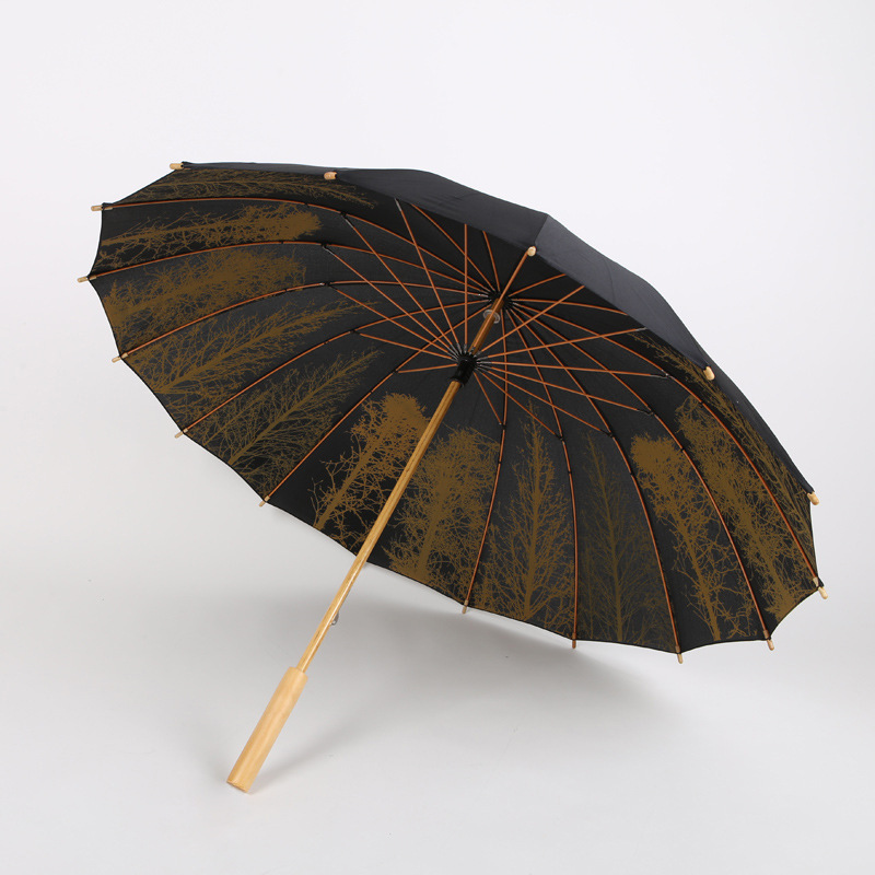 2023 Custom Design 16 ribs Wooden Handle Bamboo Shaft Artistic Degradable Umbrella Windproof Umbrella for Outdoor