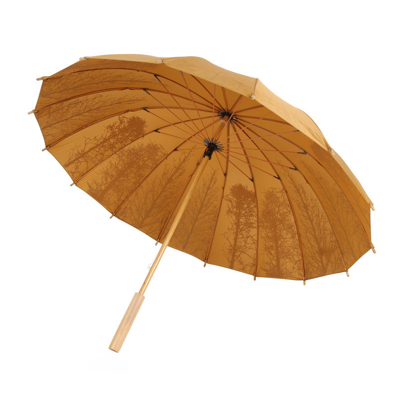 2023 Custom Design 16 ribs Wooden Handle Bamboo Shaft Artistic Degradable Umbrella Windproof Umbrella for Outdoor