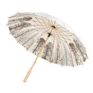 2023 Custom Design 16 ribs Wooden Handle Bamboo Shaft Artistic Degradable Umbrella Windproof Umbrella for Outdoor