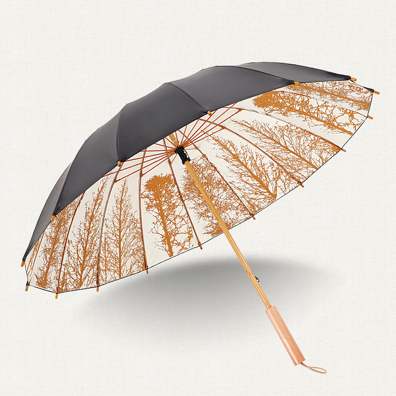 2023 Custom Design 16 ribs Wooden Handle Bamboo Shaft Artistic Degradable Umbrella Windproof Umbrella for Outdoor