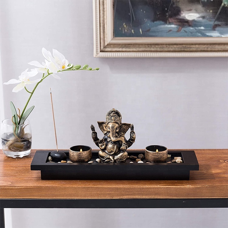 Hot home decoration display tea light candle holder incense stick burner mini zen garden with Indian god Ganesha statue