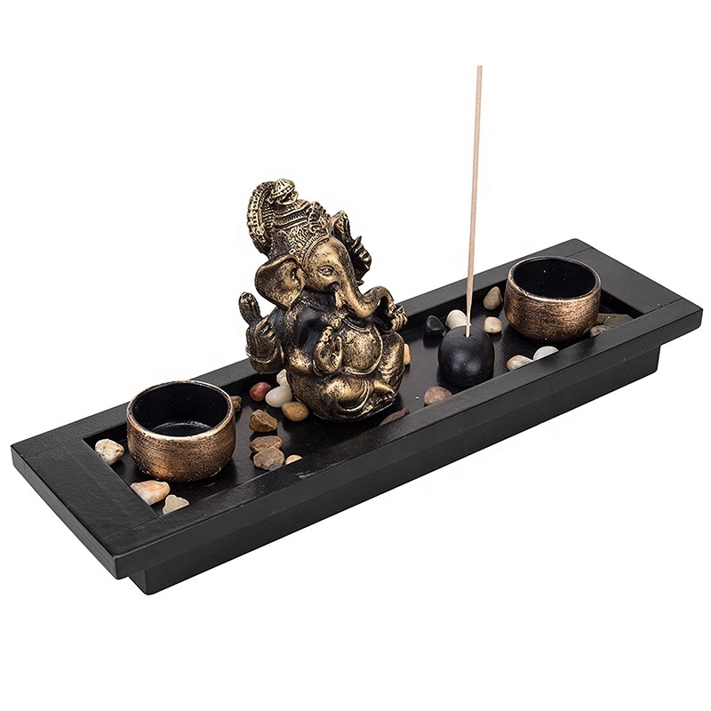 Hot home decoration display tea light candle holder incense stick burner mini zen garden with Indian god Ganesha statue